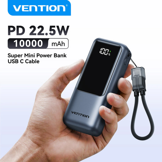 Power bank Vention 10000mAh avec câble USB‑C intégré, charge rapide 22.5W et PD 3.0
