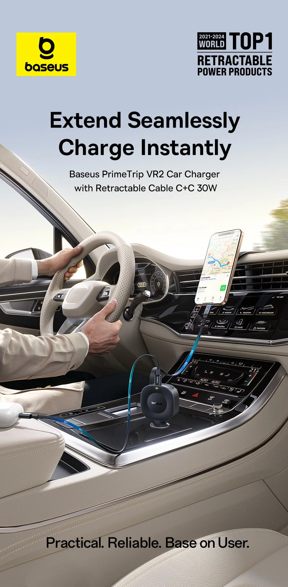 Chargeur voiture Baseus 60W câble rétractable 30W + port Type‑C 30W