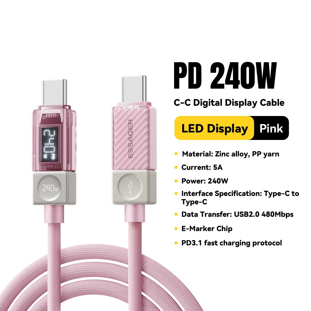 Câble USB‑C ESSAGER Version Haute Qualité & Originale 240W et 100W