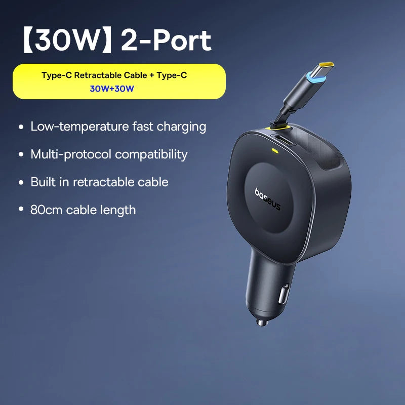 Chargeur voiture Baseus 60W câble rétractable 30W + port Type‑C 30W