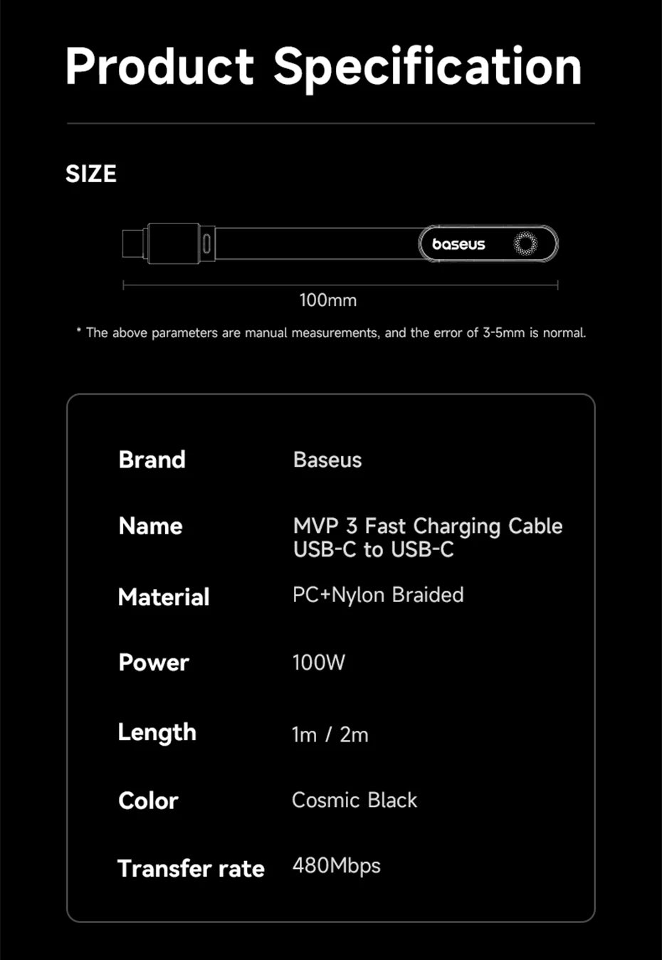 Baseus MVP3 Câble USB‑C Coudé 100W avec LED