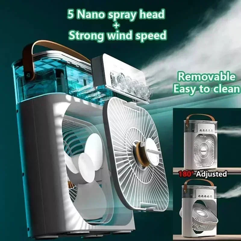Ventilateur Portable 3‑en‑1, Mini Climatiseur, Humidificateur & Veilleuse LED pour Maison et Bureau