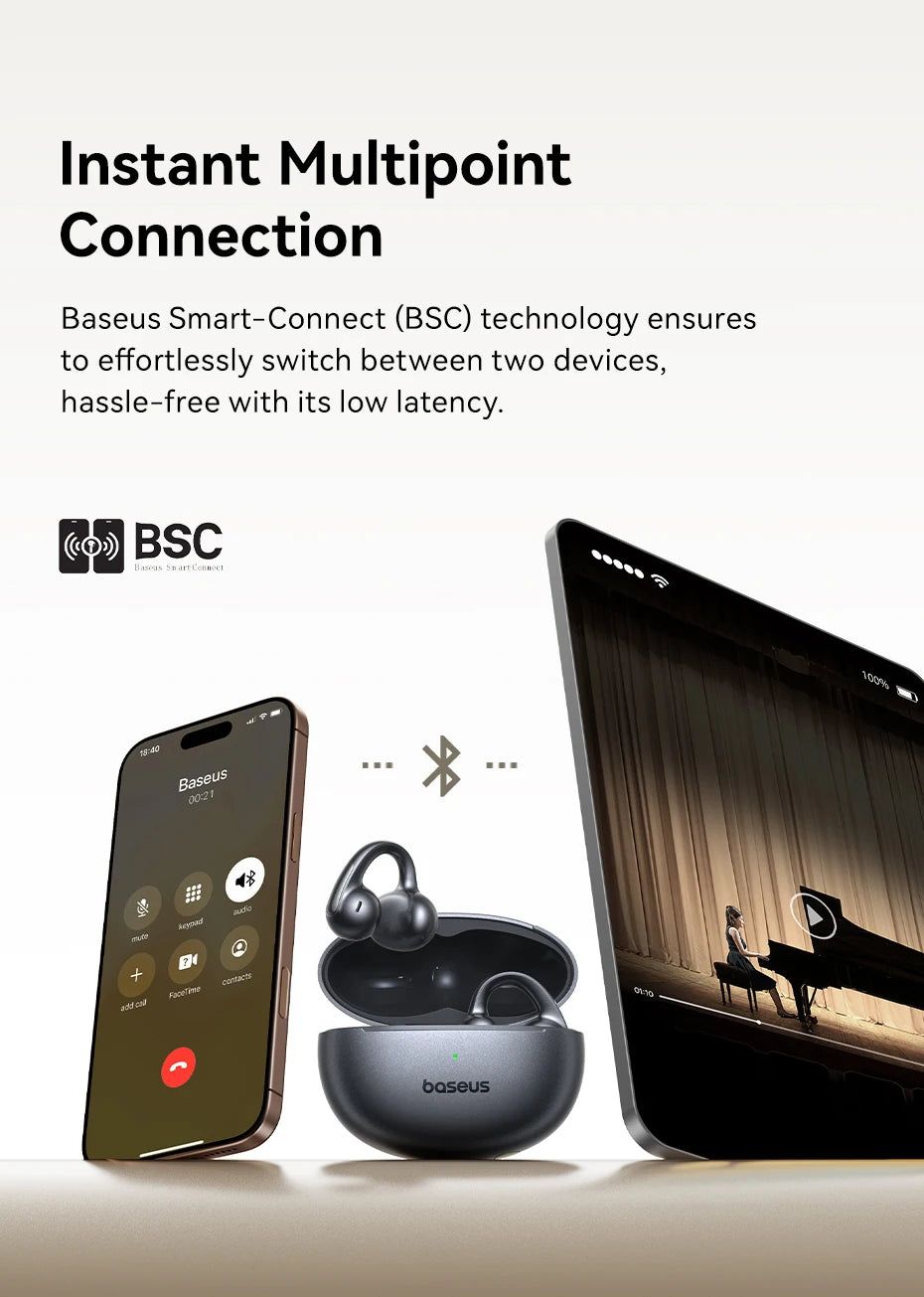 Baseus MC1 Pro Open-Ear TWS Wireless Earbuds – Bluetooth 6.0, IP67, 40H Battery, ENC 4-Mic, SuperBass 2.0
