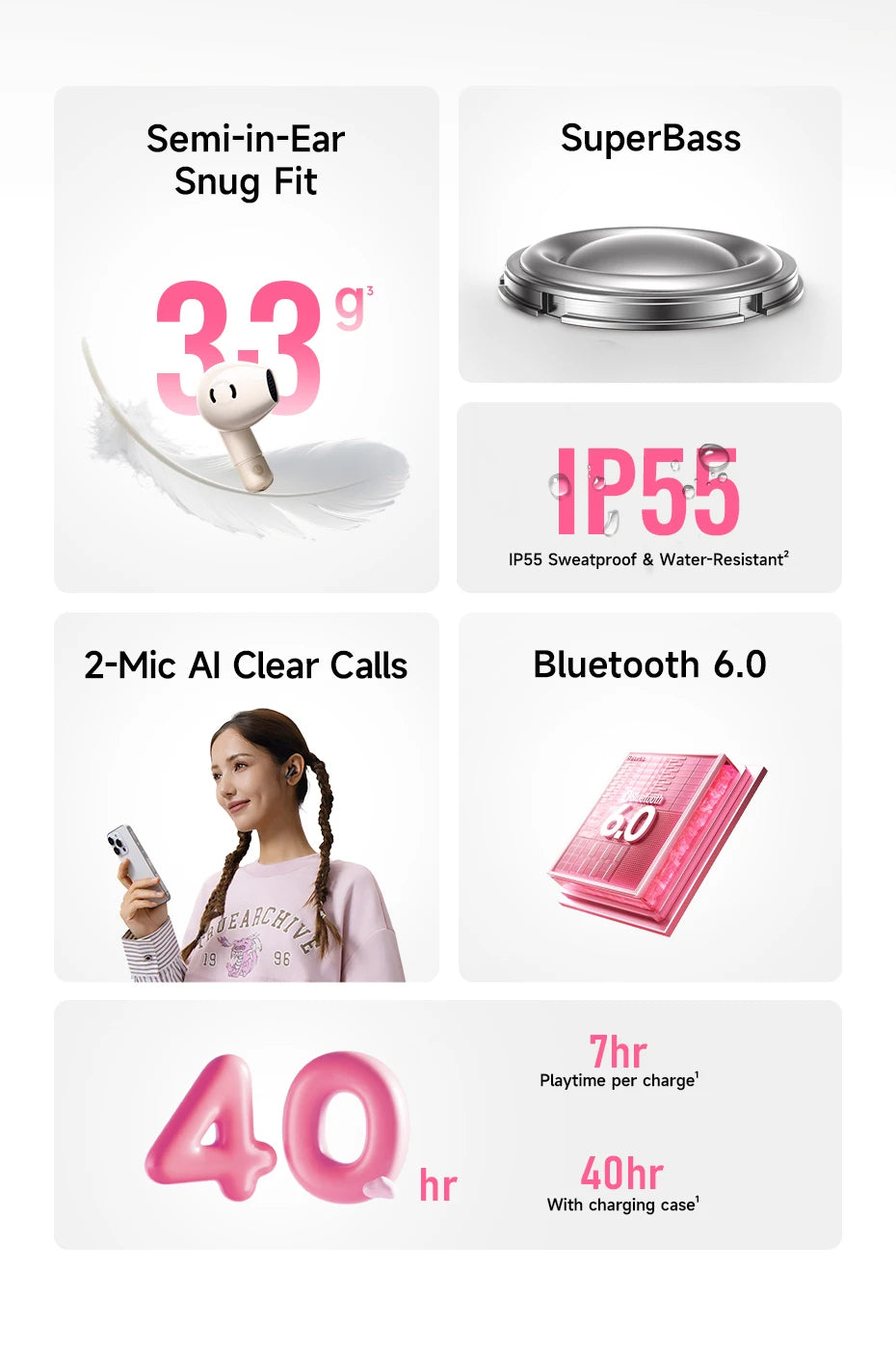 Baseus Bass BS2 Lite – Écouteurs Bluetooth TWS 6.0 semi‑intra‑auriculaires avec 2 micros AI ENC, 40h d’autonomie, IP55 et SuperBass