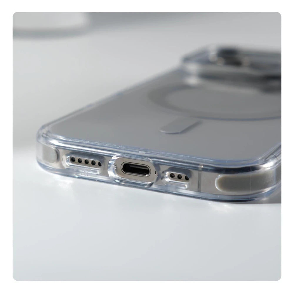 Coque pare‑chocs transparente de luxe MagSafe avec protection d’objectif, compatible iPhone 12 / 13 / 14 / 15 / 16 / 17 (base, Plus, Pro, Pro Max, Air) avec support intégré pour une protection élégante au quotidien.