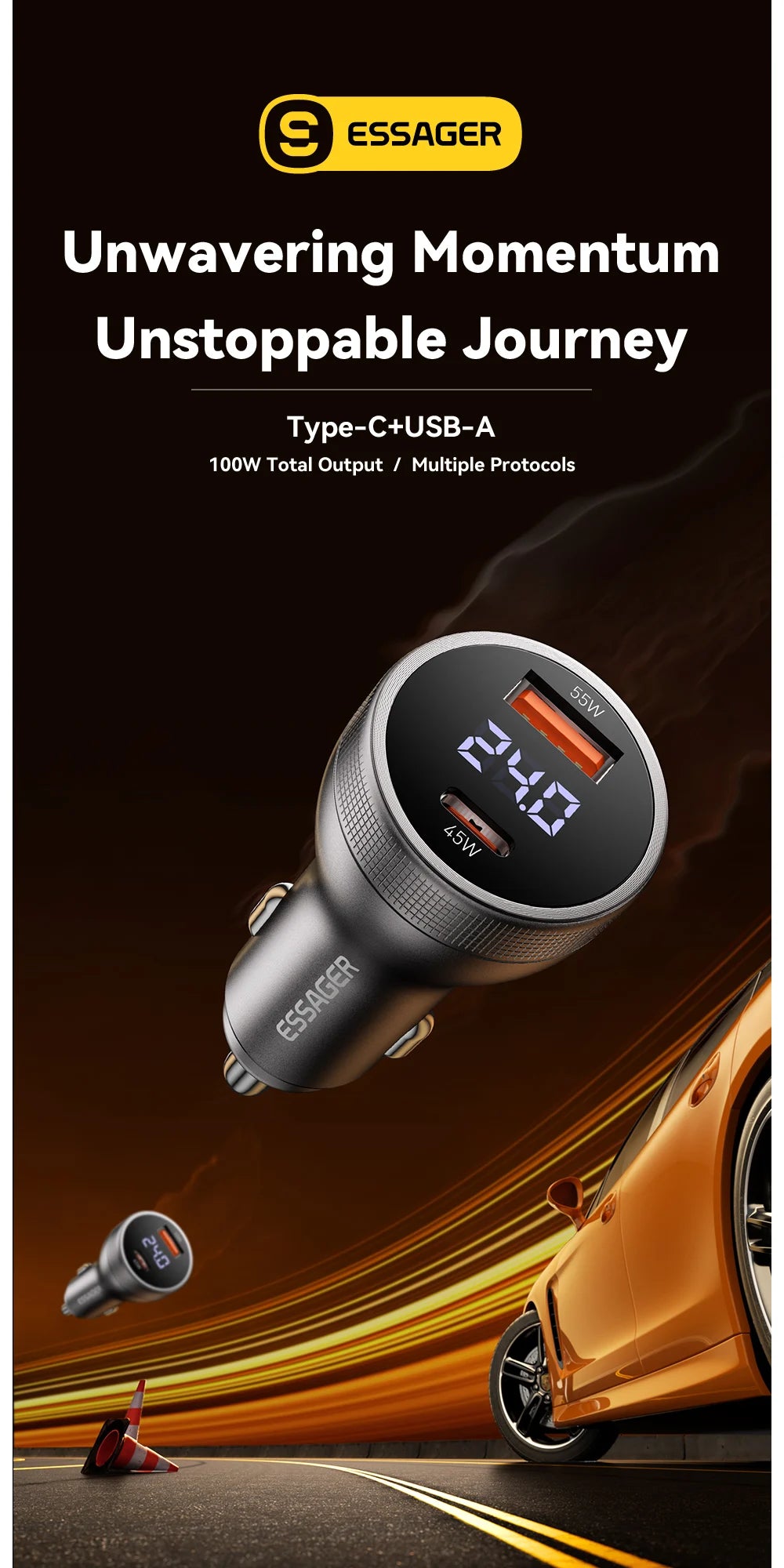 ESSAGER F755 Chargeur Voiture 100W – USB-C 45W + USB-A 55W