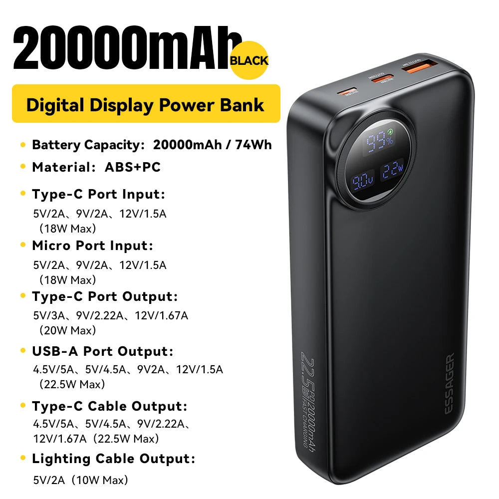 Essager Power Bank 22.5W avec Câble Intégré – Affichage Numérique – 20000mAh / 10000mAh