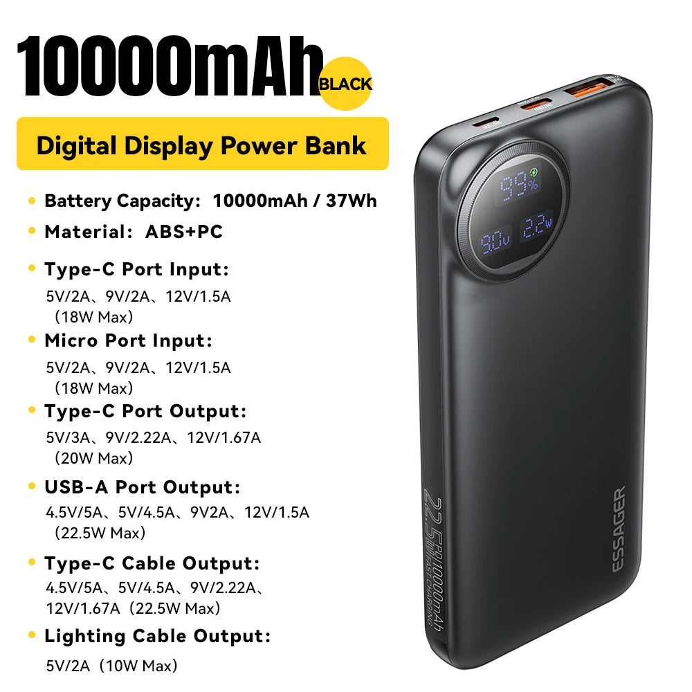 Essager Power Bank 22.5W avec Câble Intégré – Affichage Numérique – 20000mAh / 10000mAh