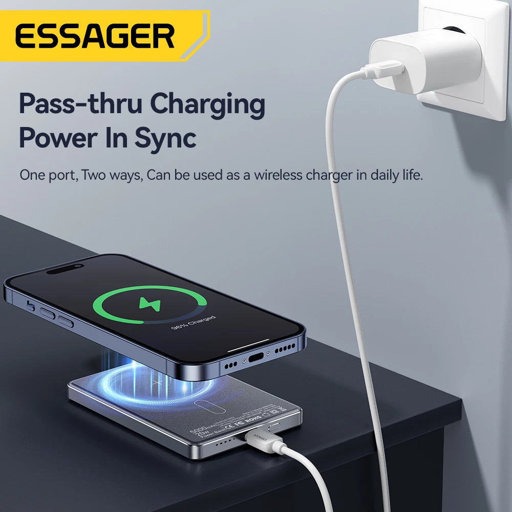 Essager Power Bank Magnétique Sans Fil 20W 5000mAh Ultra‑Fin, Batterie Externe