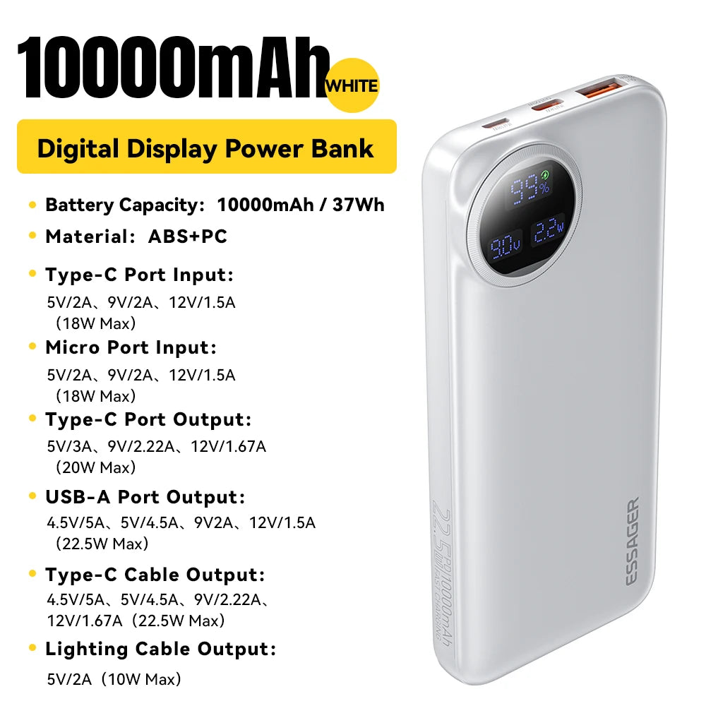 Essager Power Bank 22.5W avec Câble Intégré – Affichage Numérique – 20000mAh / 10000mAh
