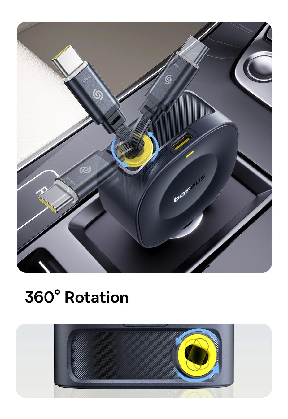Chargeur voiture Baseus 60W câble rétractable 30W + port Type‑C 30W