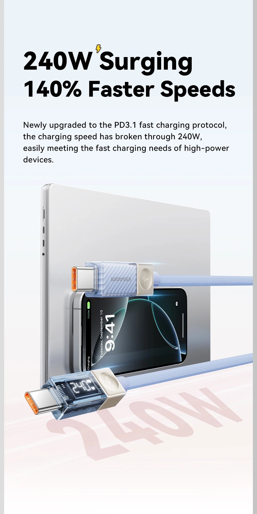Câble USB‑C ESSAGER Version Haute Qualité & Originale 240W et 100W