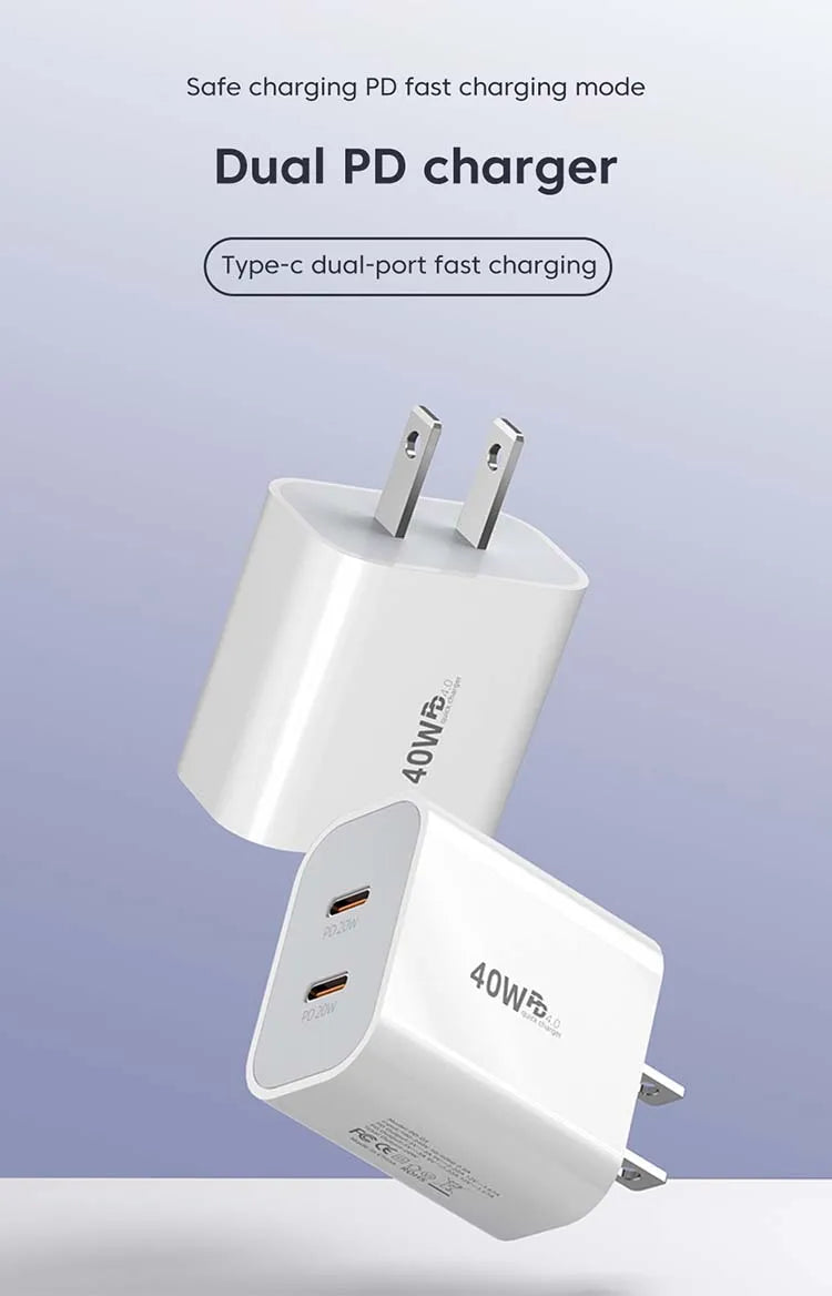 Chargeur OLAF rapide 40W Avec deux sorties USB‑C‑C PD QC3.0 avec câble Type‑C vers Type‑C