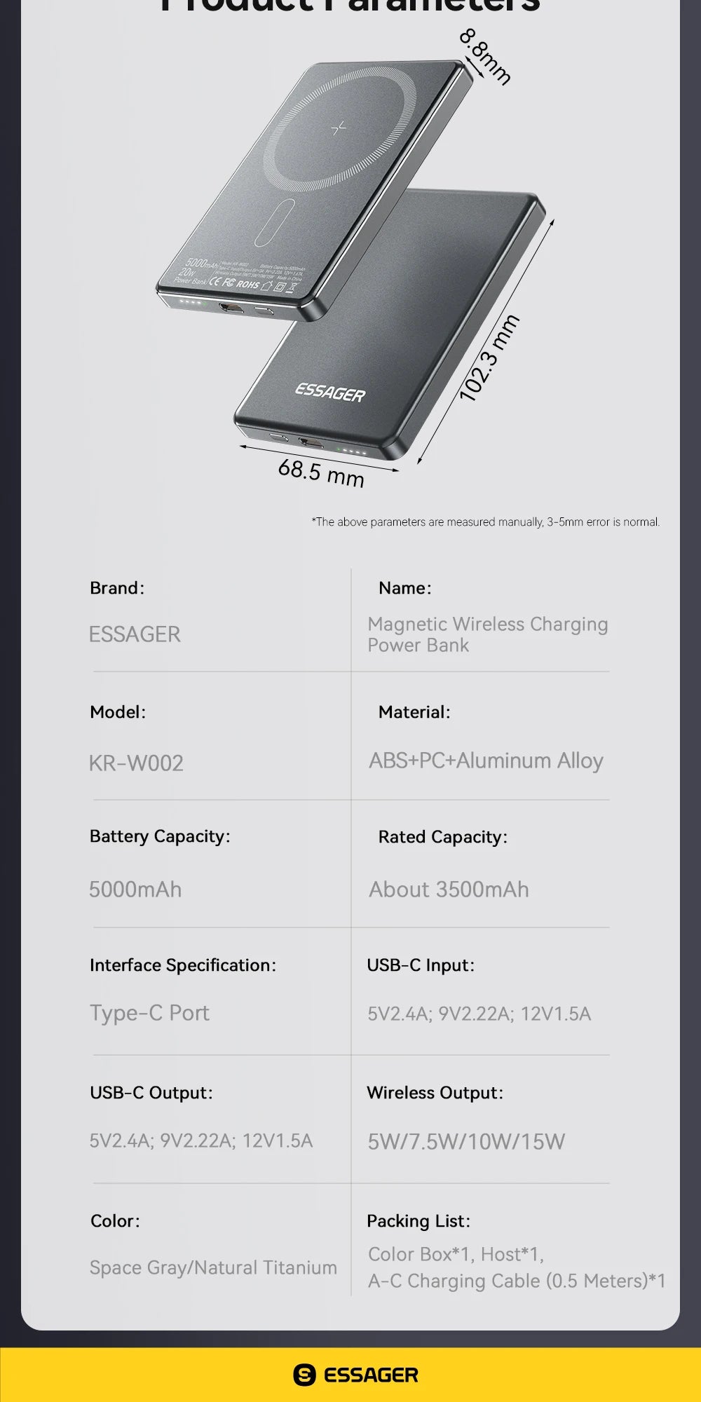 Essager Power Bank Magnétique Sans Fil 20W 5000mAh Ultra‑Fin, Batterie Externe