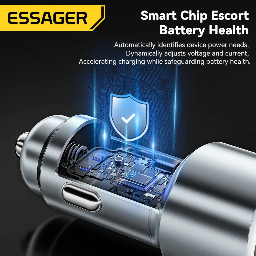 Chargeur voiture Essager 89W — double port QC 4.0/3.0 recharge rapide, USB Type‑C