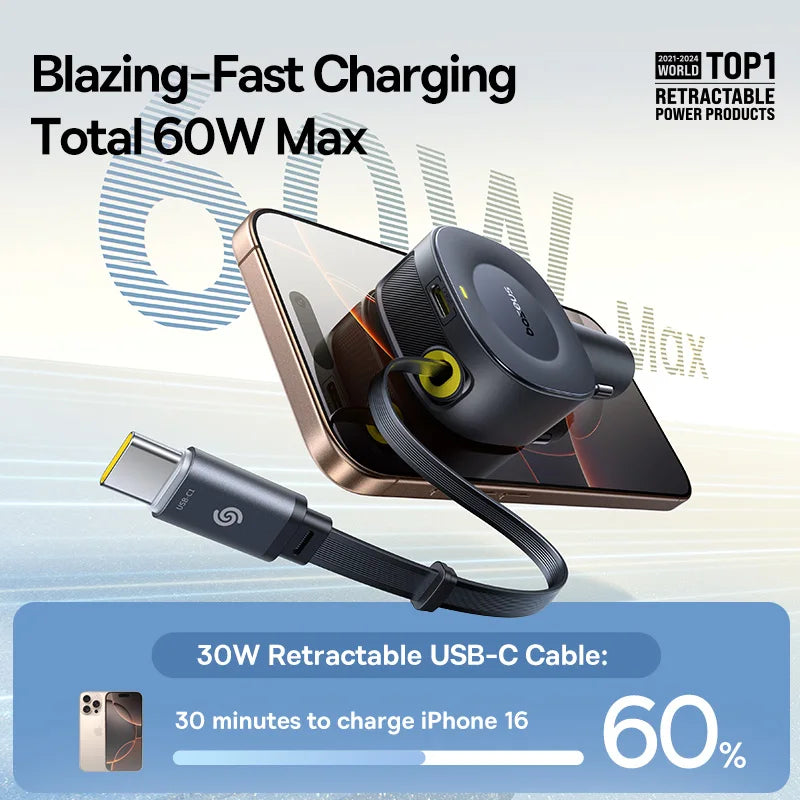 Chargeur voiture Baseus 60W câble rétractable 30W + port Type‑C 30W