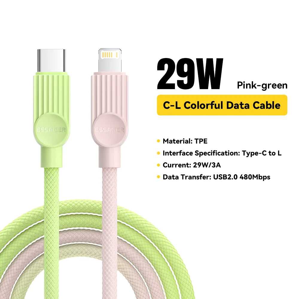 Câble Essager 29W Type‑C vers Lightning Macaron Charge Rapide