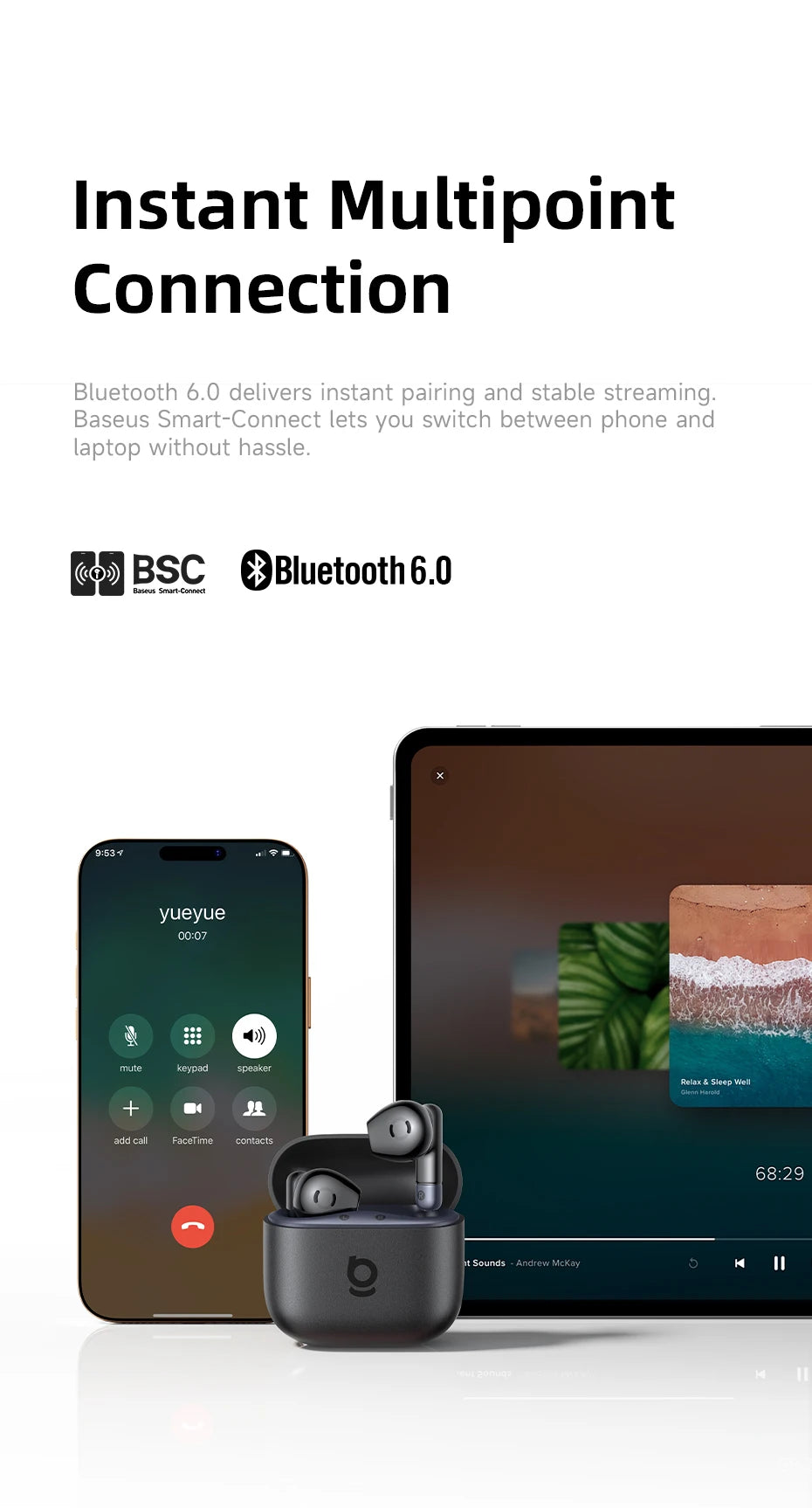 Baseus Bass BS2 Lite – Écouteurs Bluetooth TWS 6.0 semi‑intra‑auriculaires avec 2 micros AI ENC, 40h d’autonomie, IP55 et SuperBass