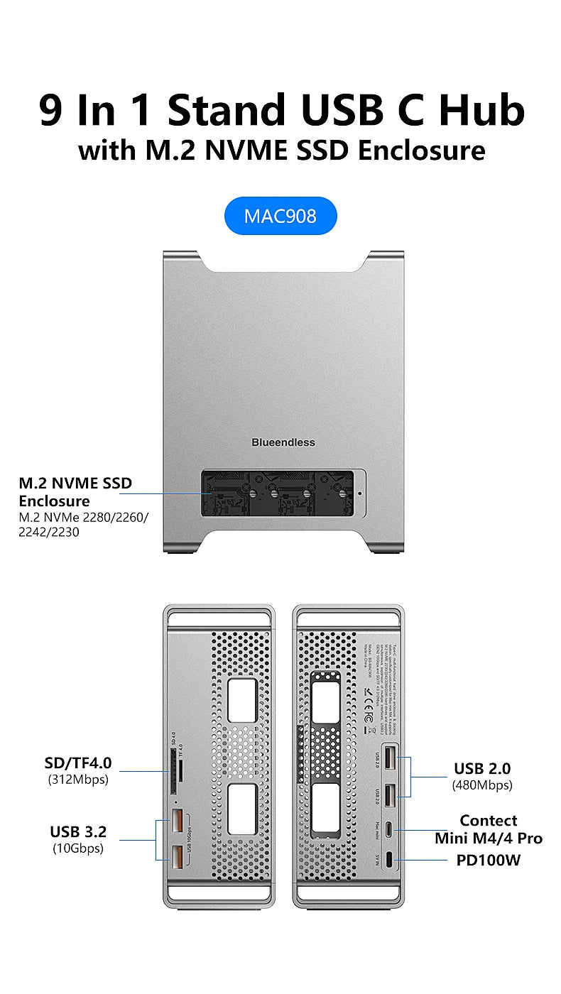 Docking SSD sans fin pour support MAC Mini M4/M4 Pro 2024 avec boîtier SSD M.2 NVMe 4K/60HZ HDMI-Com SD4.0 TF4.0 10Gbps C HUB