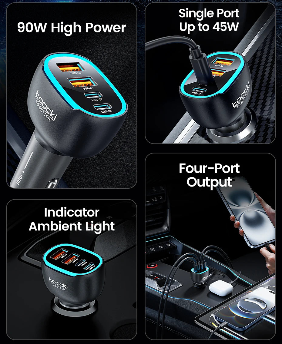 Chargeur TOOCKI à charge rapide avec quatre ports, disponible en versions 90W et 120W.