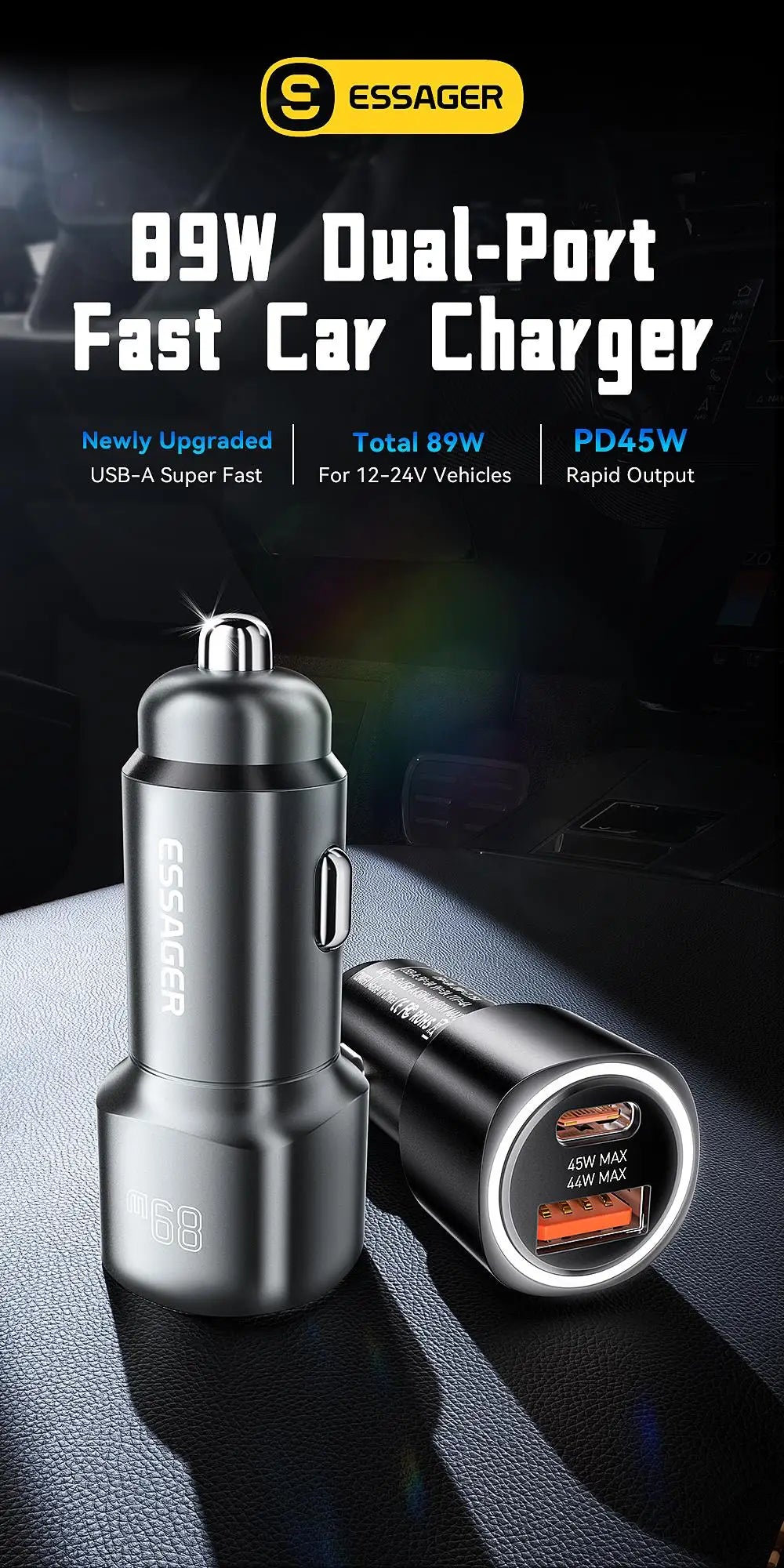 Chargeur voiture Essager 89W — double port QC 4.0/3.0 recharge rapide, USB Type‑C