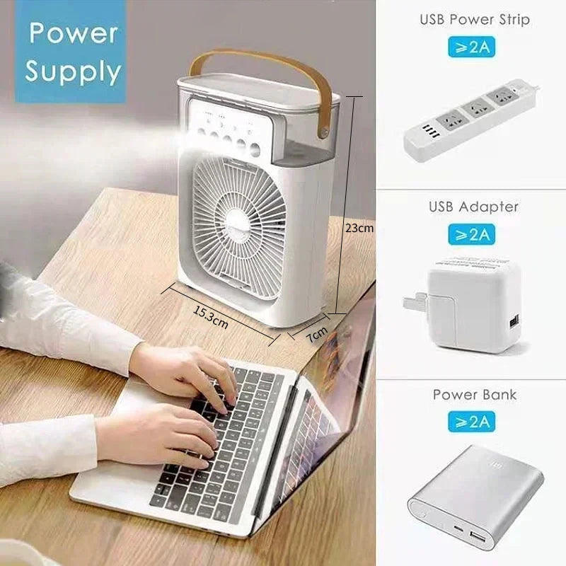 Ventilateur Portable 3‑en‑1, Mini Climatiseur, Humidificateur & Veilleuse LED pour Maison et Bureau
