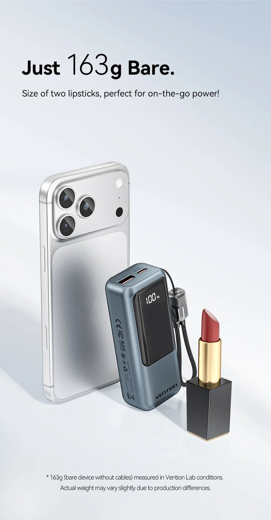 Power bank Vention 10000mAh avec câble USB‑C intégré, charge rapide 22.5W et PD 3.0