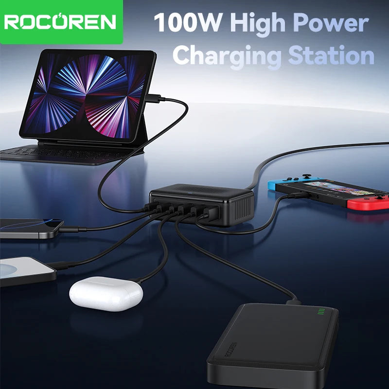 Chargeur Rocoren 100W 6 ports  technologie GaN hub