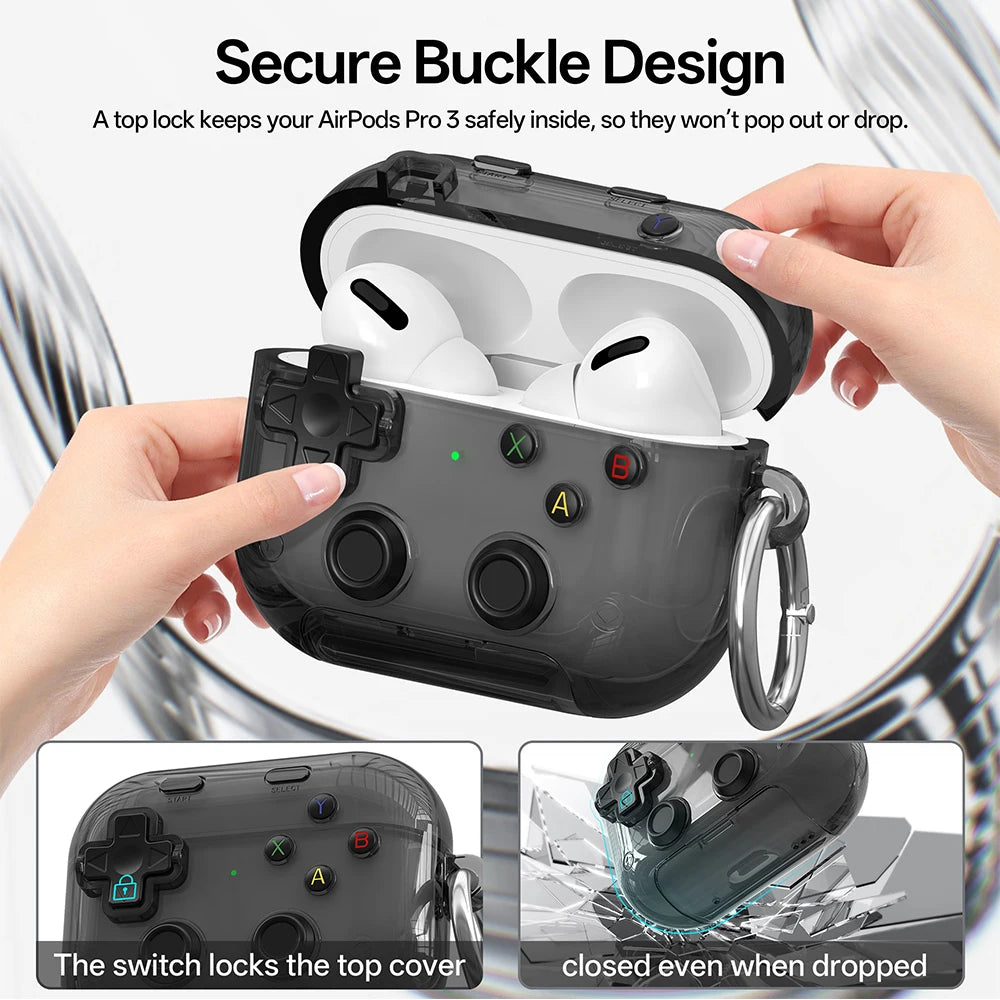 Étui pour écouteurs Apple, design gaming rigide avec verrou sécurisé, support téléphone et clip d’attache.
