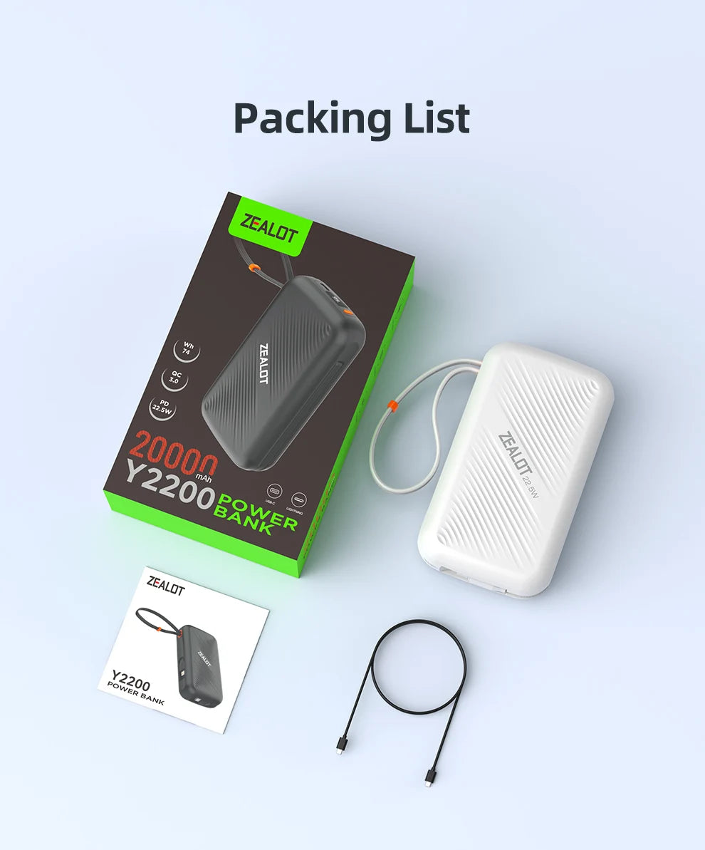ZEALOT Y2200 – Power Bank 20000mAh 22,5W avec USB‑C + Lightning