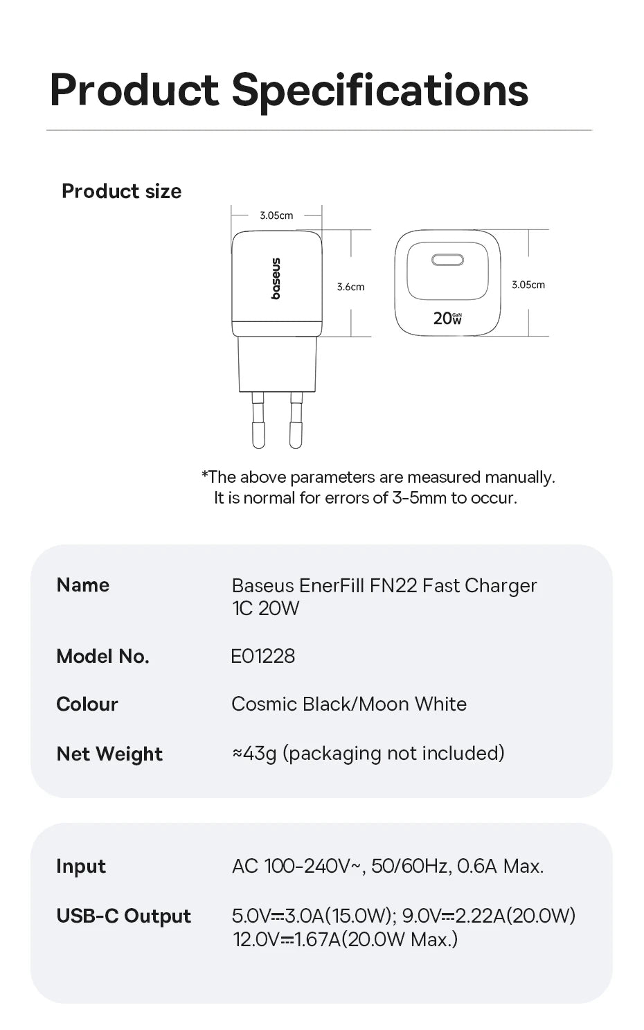 Chargeur Baseus USB Type‑C 20W Rapide