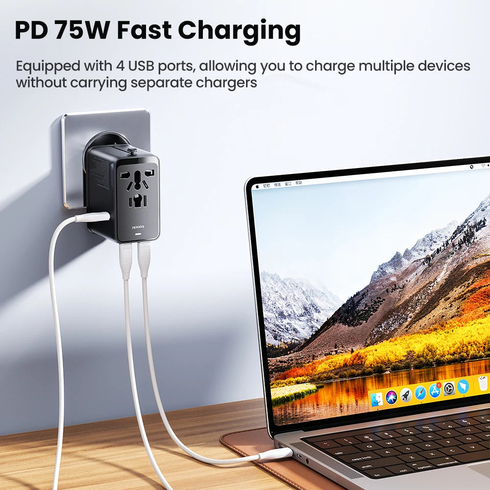 oocki GaN 75W – Adaptateur de voyage universel pour 200 pays – 5‑en‑1 : 1 prise AC universelle + 4 ports de charge (USB‑C & USB‑A)