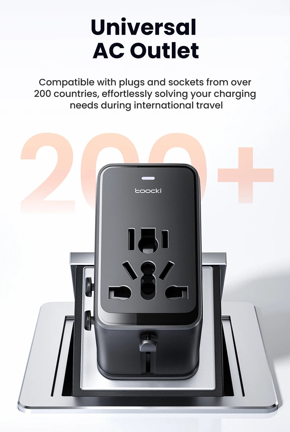 oocki GaN 75W – Adaptateur de voyage universel pour 200 pays – 5‑en‑1 : 1 prise AC universelle + 4 ports de charge (USB‑C & USB‑A)