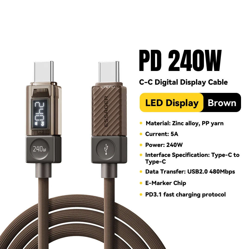 Câble USB‑C ESSAGER Version Haute Qualité & Originale 240W et 100W