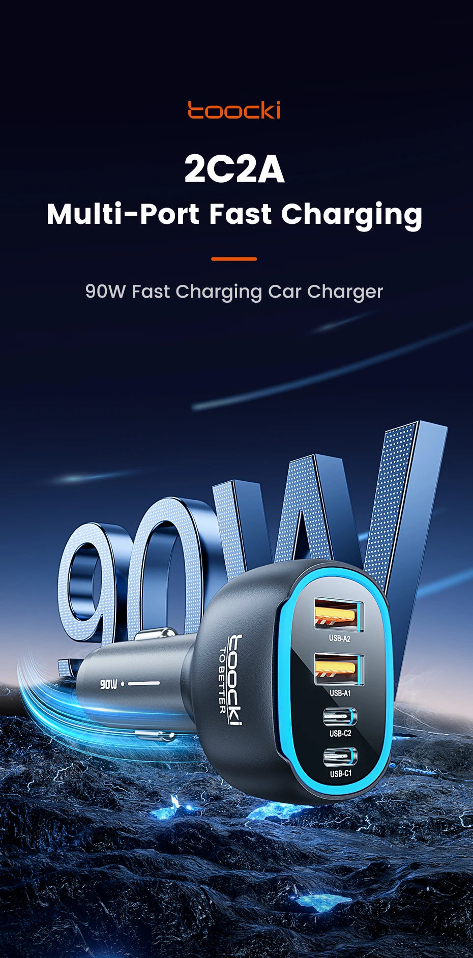 Chargeur TOOCKI à charge rapide avec quatre ports, disponible en versions 90W et 120W.