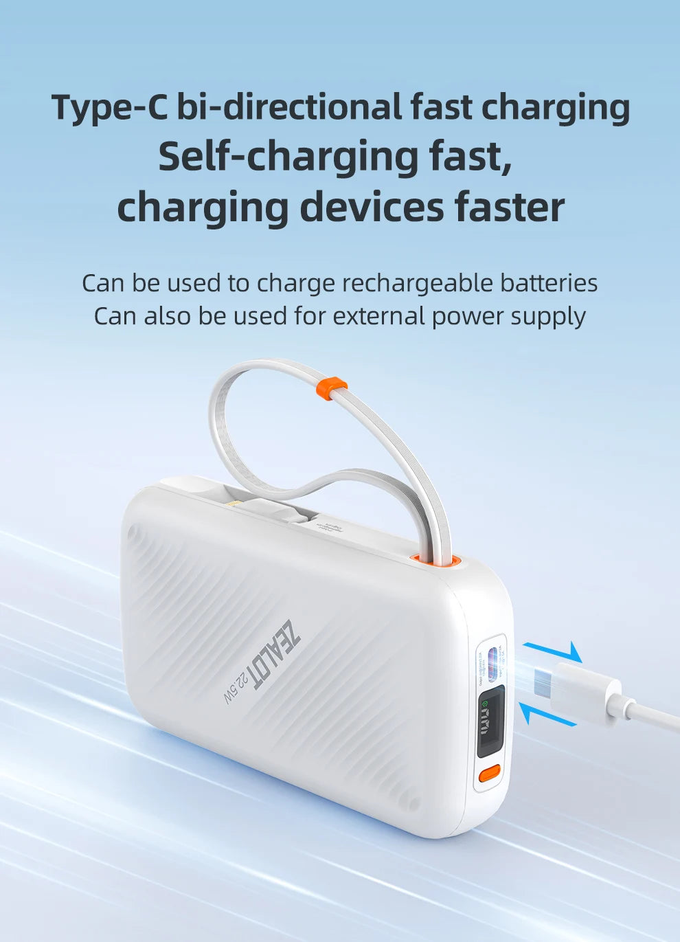 ZEALOT Y2200 – Power Bank 20000mAh 22,5W avec USB‑C + Lightning