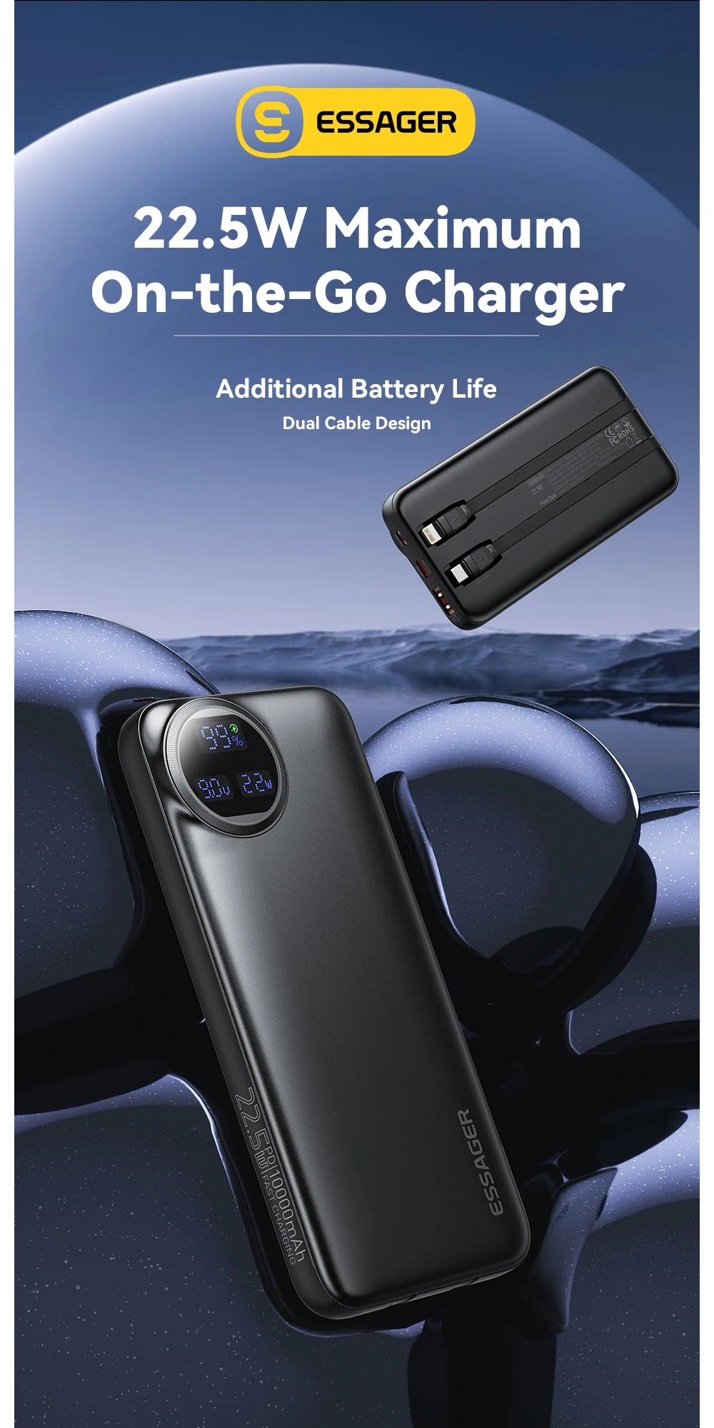 Essager Power Bank 22.5W avec Câble Intégré – Affichage Numérique – 20000mAh / 10000mAh