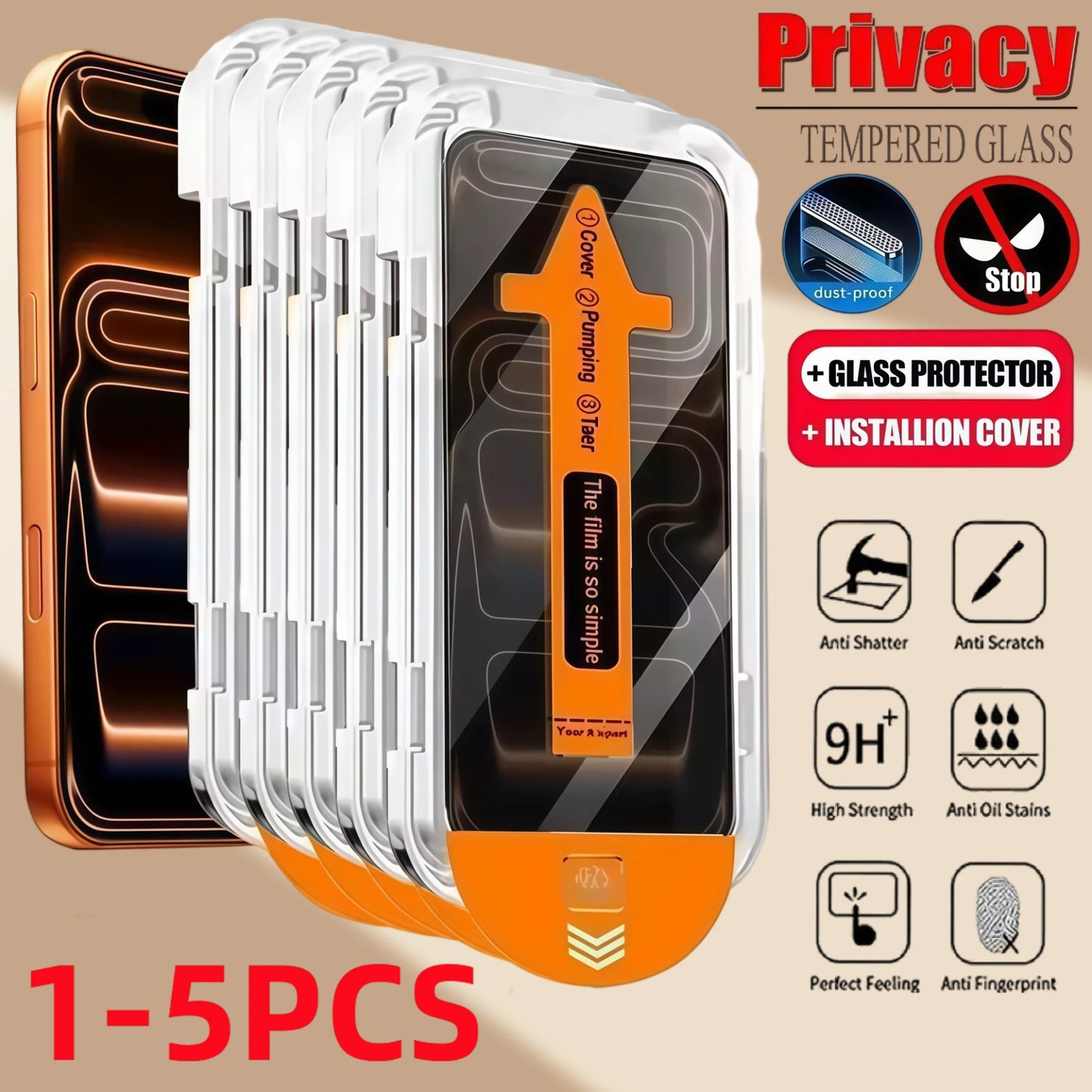 1–5 pièces — Verre trempé anti‑espion avec installation sans poussière pour iPhone