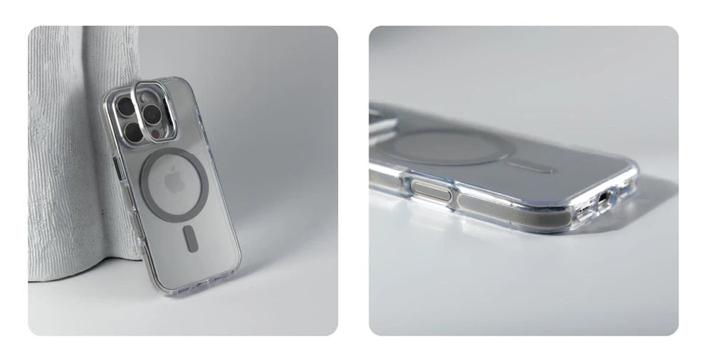 Coque pare‑chocs transparente de luxe MagSafe avec protection d’objectif, compatible iPhone 12 / 13 / 14 / 15 / 16 / 17 (base, Plus, Pro, Pro Max, Air) avec support intégré pour une protection élégante au quotidien.