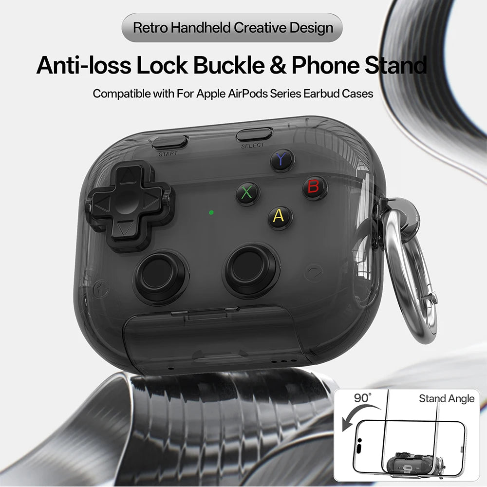 Étui pour écouteurs Apple, design gaming rigide avec verrou sécurisé, support téléphone et clip d’attache.