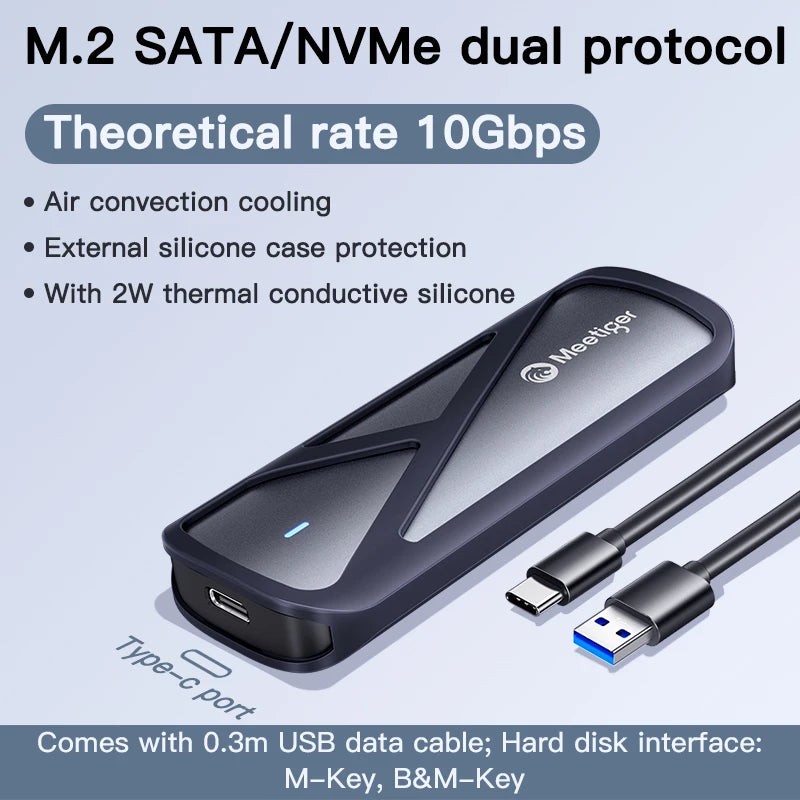 Meetiger – Boîtier Externe M.2 NVMe/NGFF SATA 5/10Gbps en Aluminium (Tool‑Free)