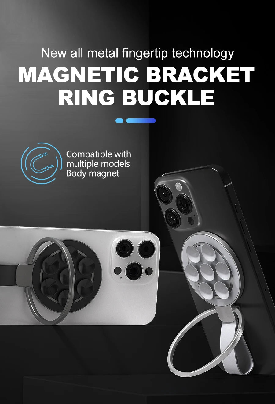 Support Magnétique 2‑en‑1 avec Anneau & Ventouse Silicone – Compatible iPhone / MagSafe