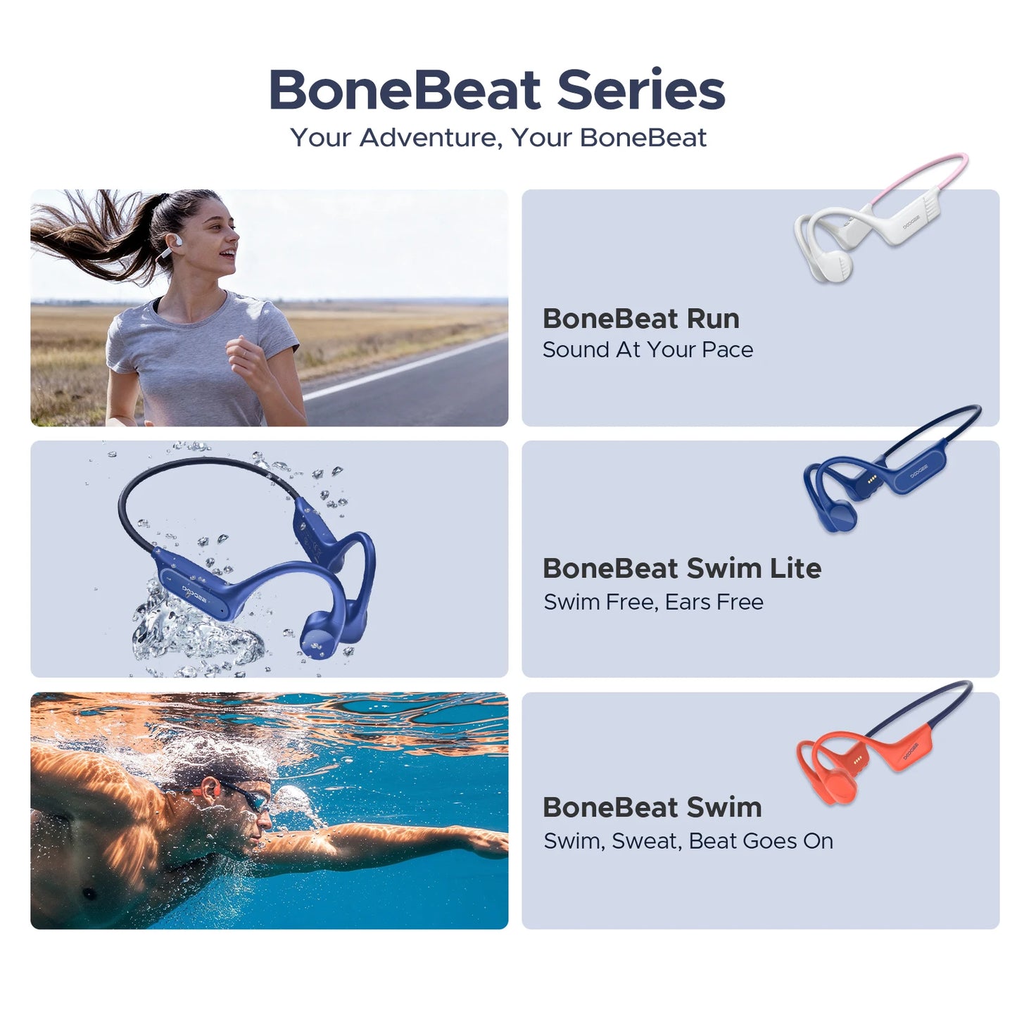 DOOGEE BoneBeat Swim Lite Casque Bluetooth 5.4 à Conduction Osseuse IP68 – 32 Go MP3, Open-Ear, Étanche pour Natation & Sport