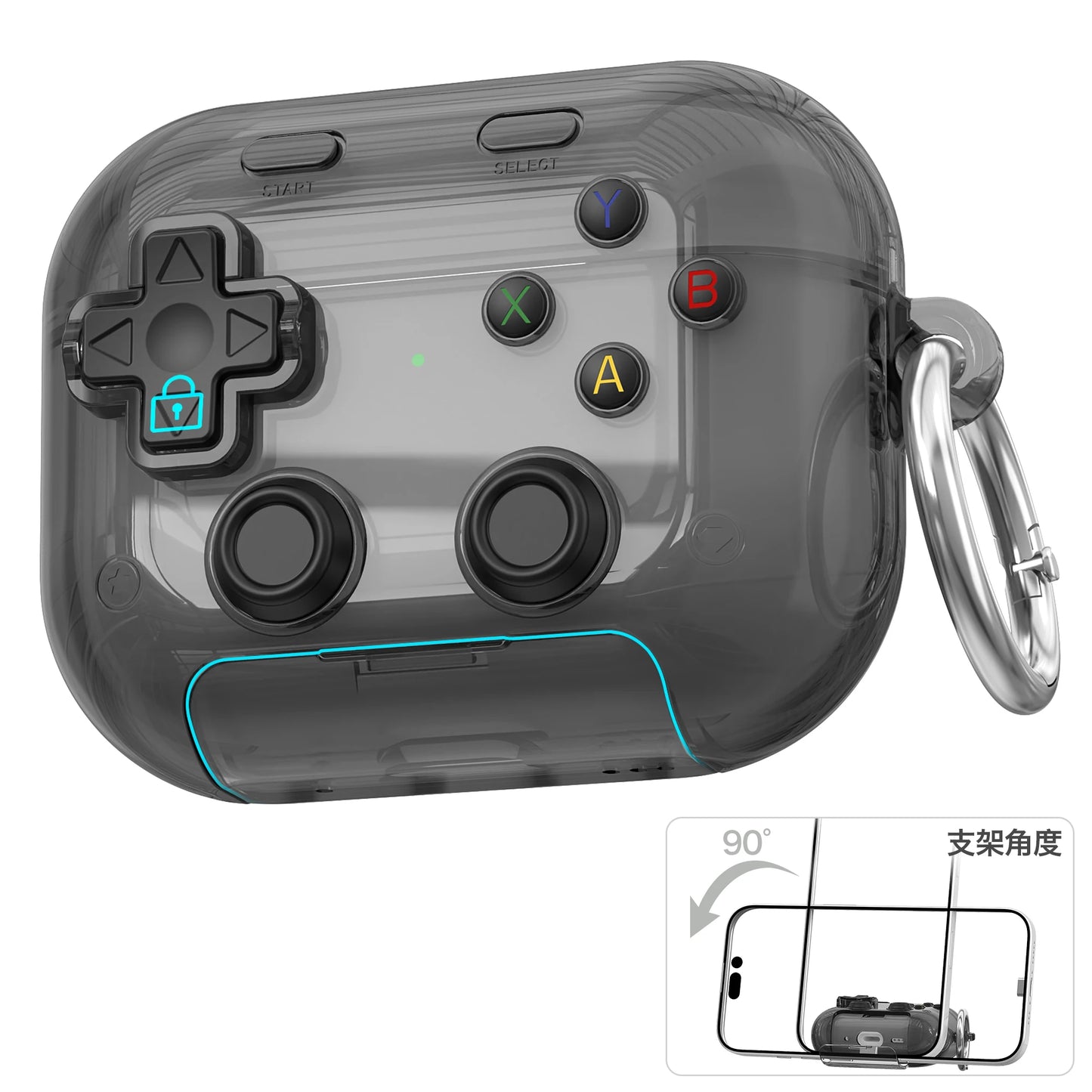 Étui pour écouteurs Apple, design gaming rigide avec verrou sécurisé, support téléphone et clip d’attache.
