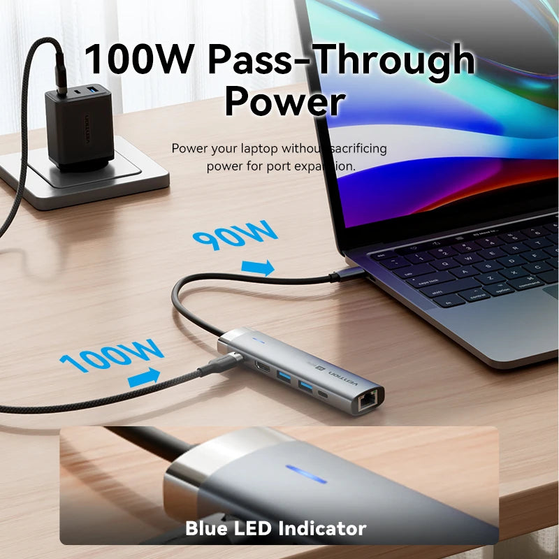 Vention – HUB USB‑C 6‑en‑1 4K60Hz avec RJ45 1000 Mbps & PD 100W