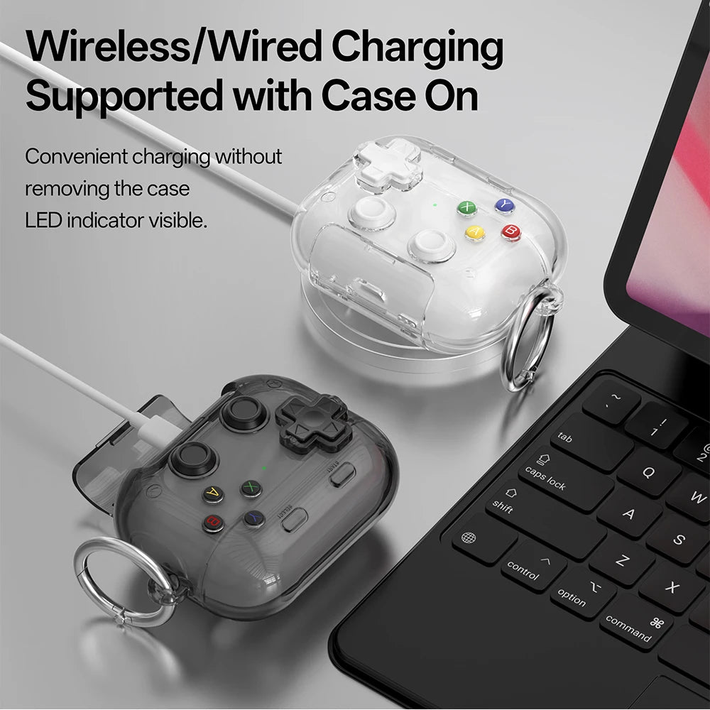 Étui pour écouteurs Apple, design gaming rigide avec verrou sécurisé, support téléphone et clip d’attache.