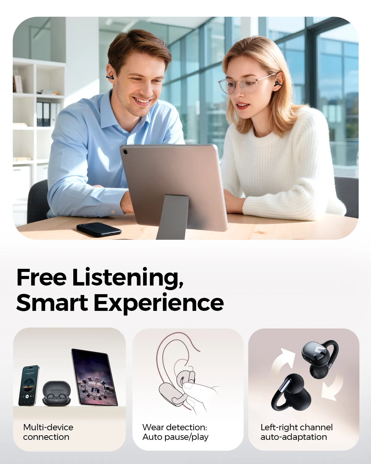 SoundPEATS Clip1 Open-Ear OWS Wireless Earbuds – LDAC, Hi-Res Audio, Dolby Audio, IPX5, 40H Battery