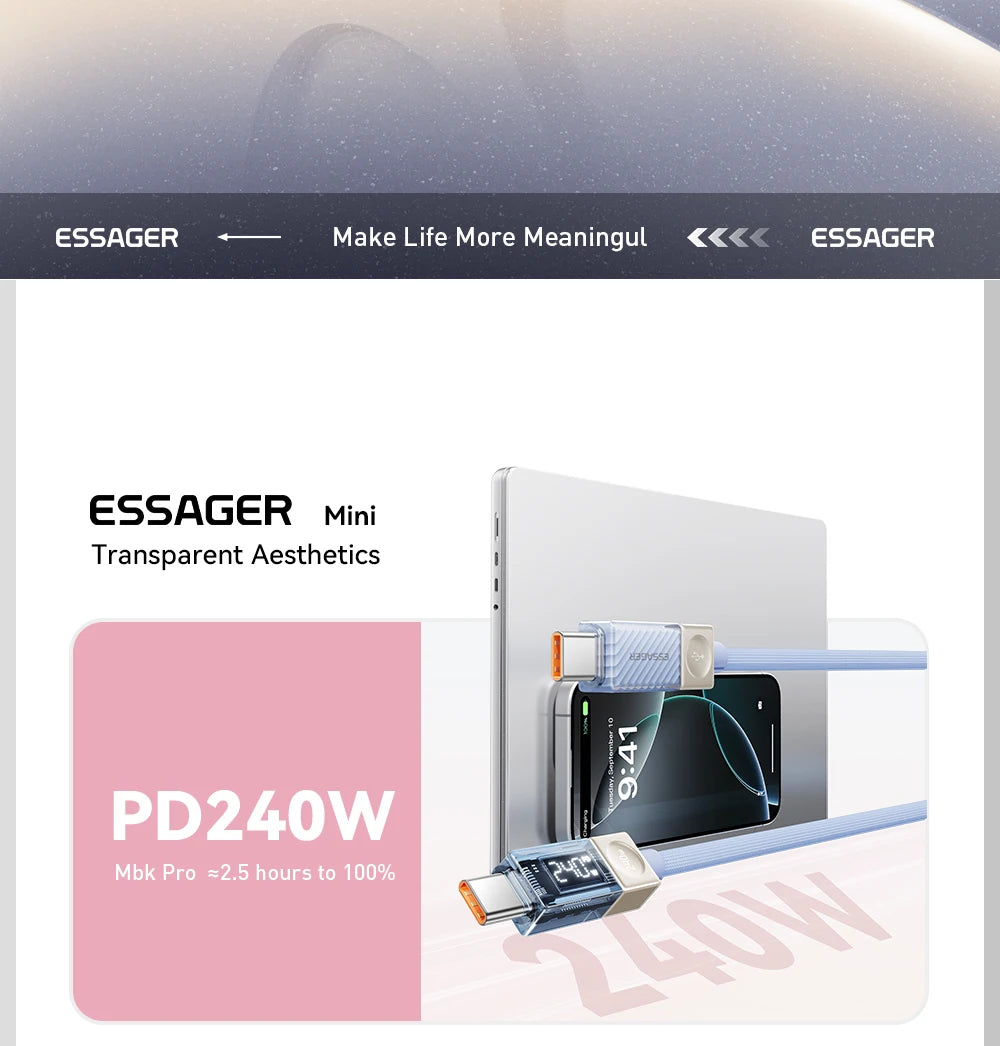 Câble USB‑C ESSAGER Version Haute Qualité & Originale 240W et 100W