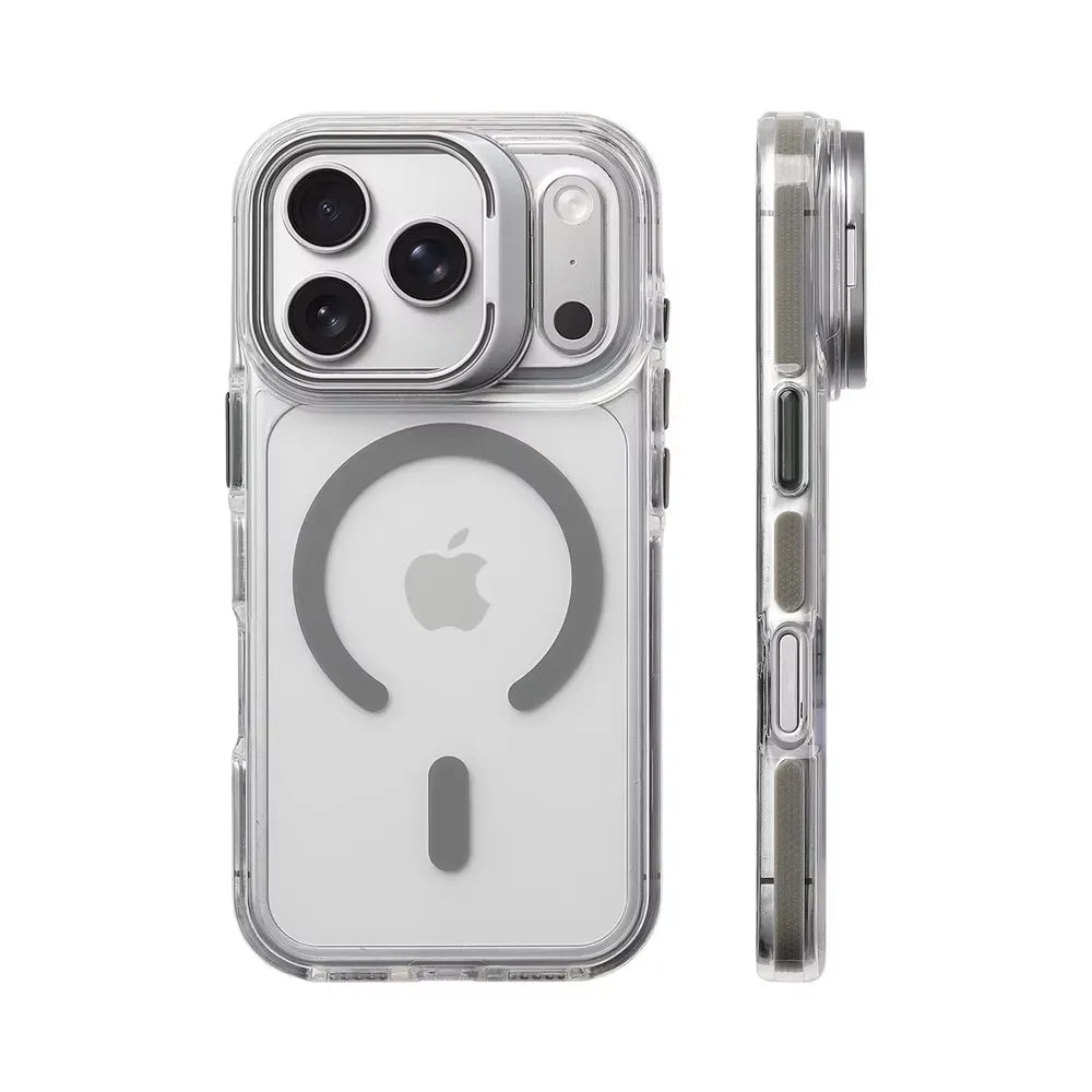 Coque pare‑chocs transparente de luxe MagSafe avec protection d’objectif, compatible iPhone 12 / 13 / 14 / 15 / 16 / 17 (base, Plus, Pro, Pro Max, Air) avec support intégré pour une protection élégante au quotidien.