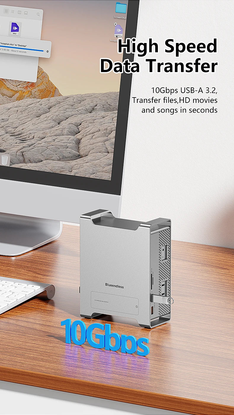 Docking SSD sans fin pour support MAC Mini M4/M4 Pro 2024 avec boîtier SSD M.2 NVMe 4K/60HZ HDMI-Com SD4.0 TF4.0 10Gbps C HUB